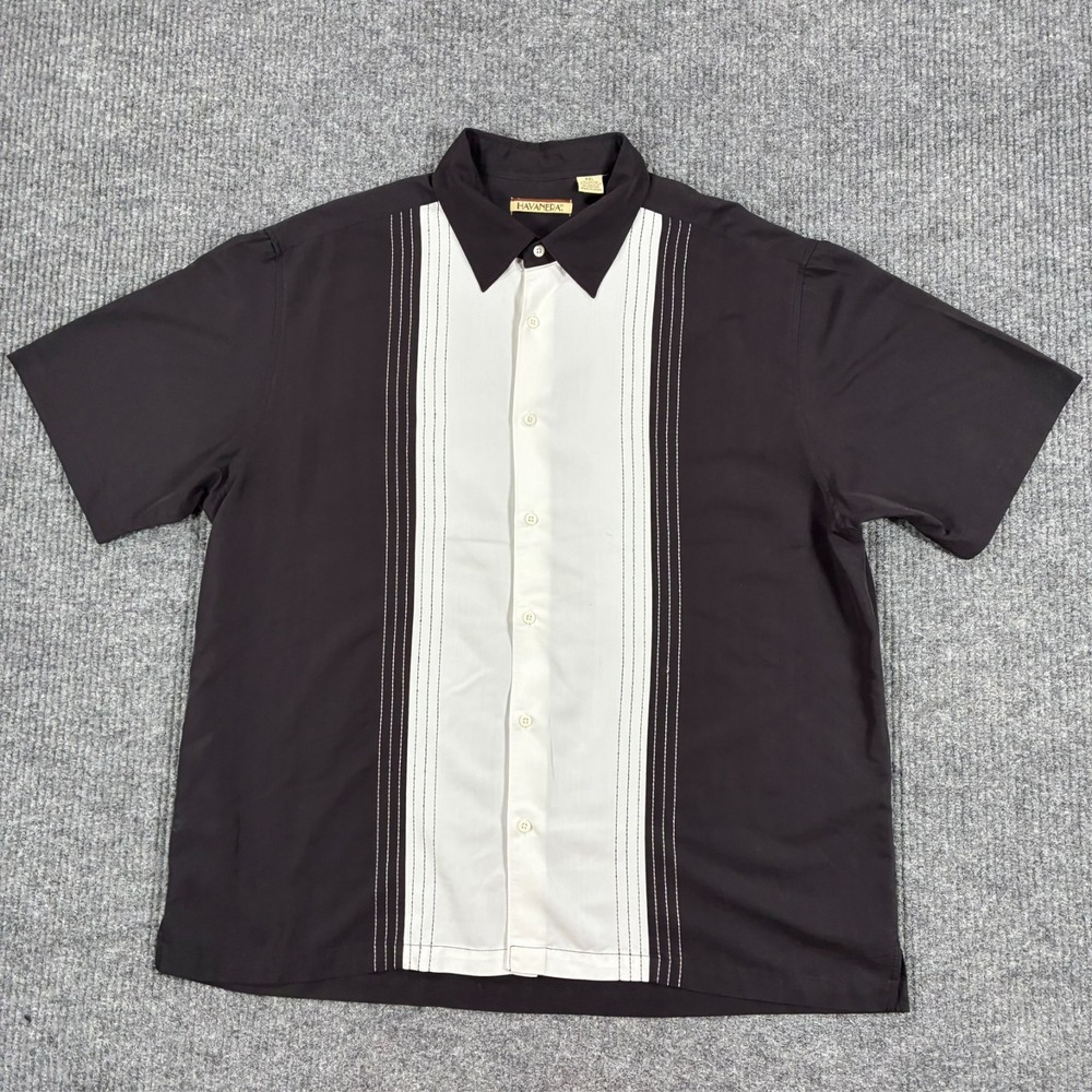 Havanera Co Bowling Button Shirt Mens Size 2XL Black White Guayabera Retro